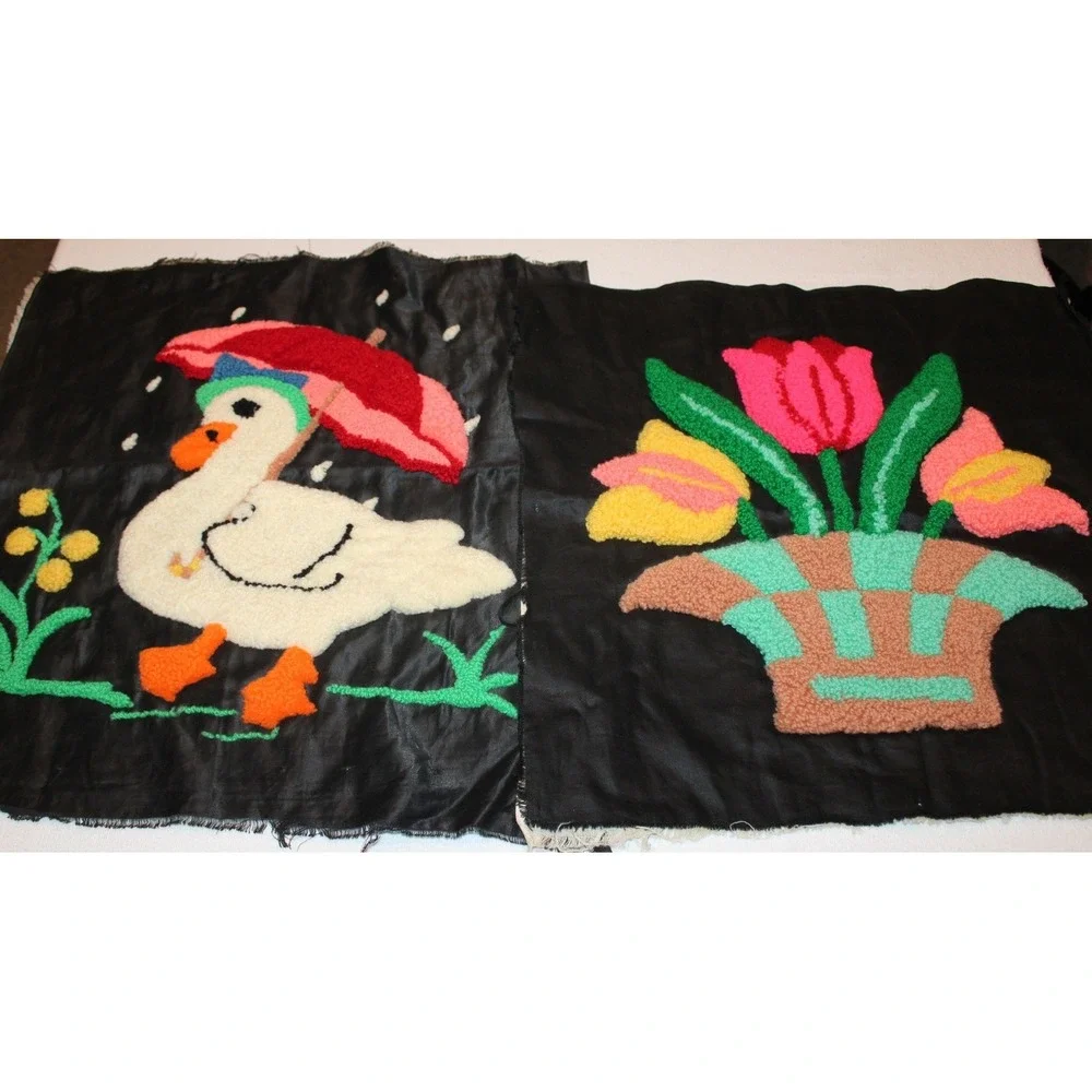set of 2 handmade punch needle panels ~18x18 duck flowers black pillow covers